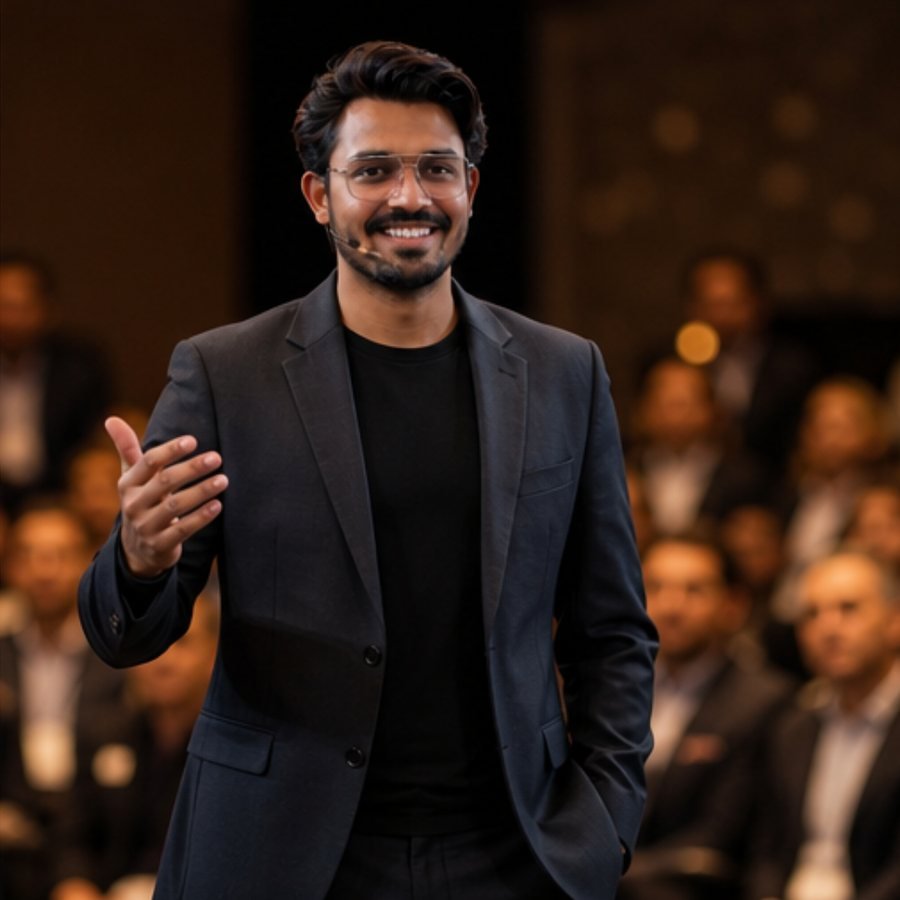 Rishabh Goyel presenting on stage